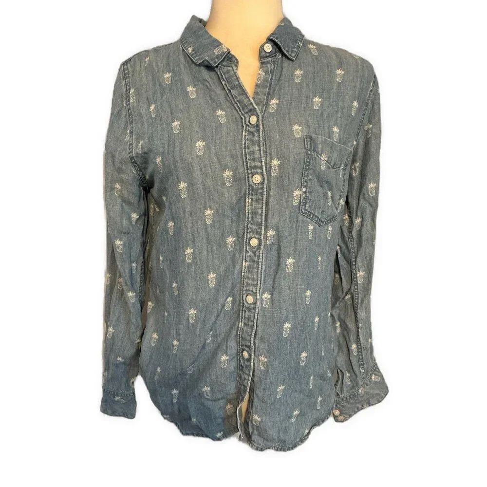 Rails Anthropologie Blue White Pineapple Print Long Sleeve Jean Denim Top Small